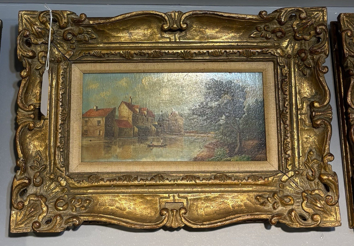 Antique Dutch Countryside Oil Painting On Canvas In a Gilded Wood Frame