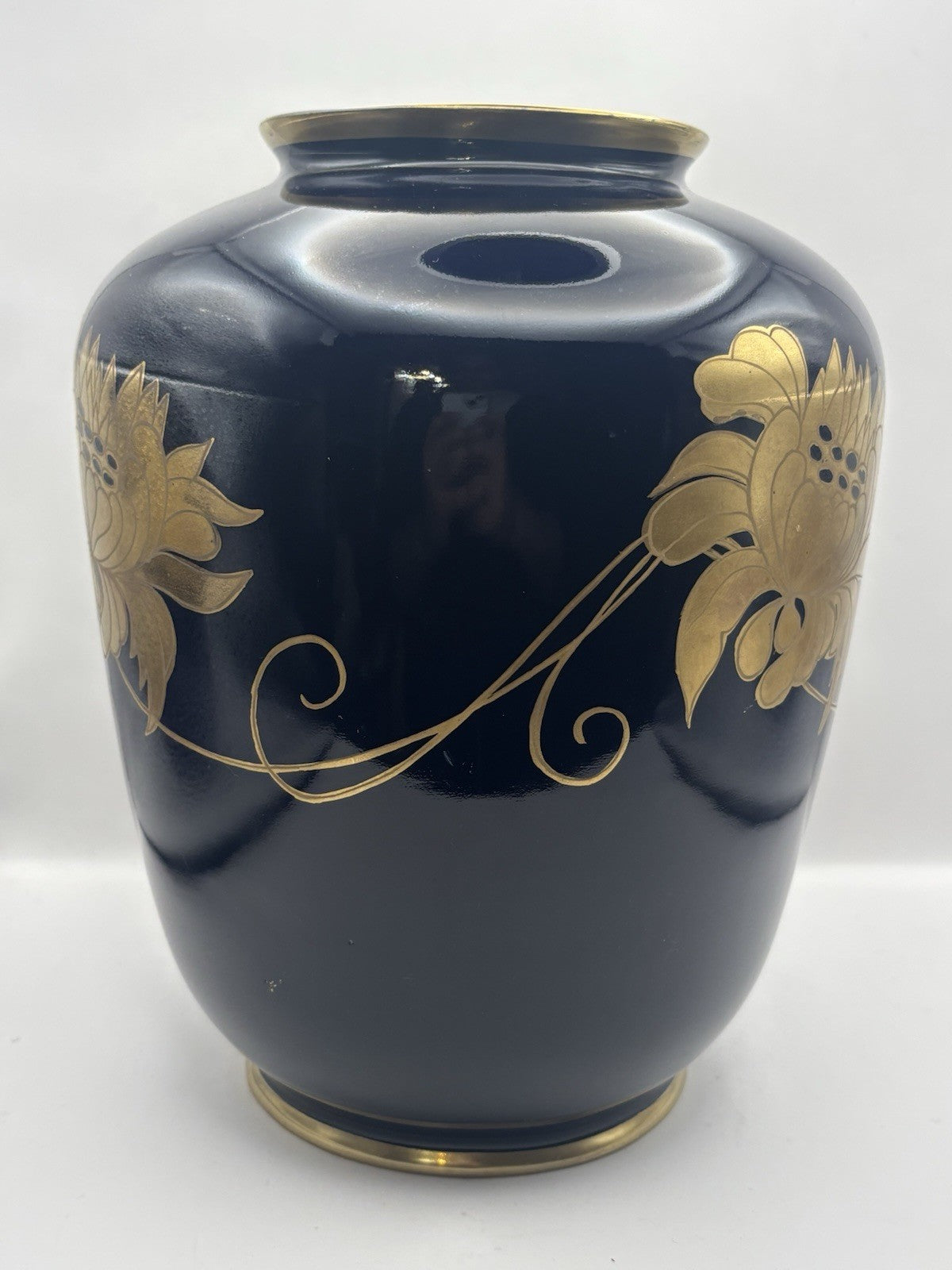 Vtg Large Porcelain Pottery Vase Deep Cobalt Blue w/Gold Flowers Signed