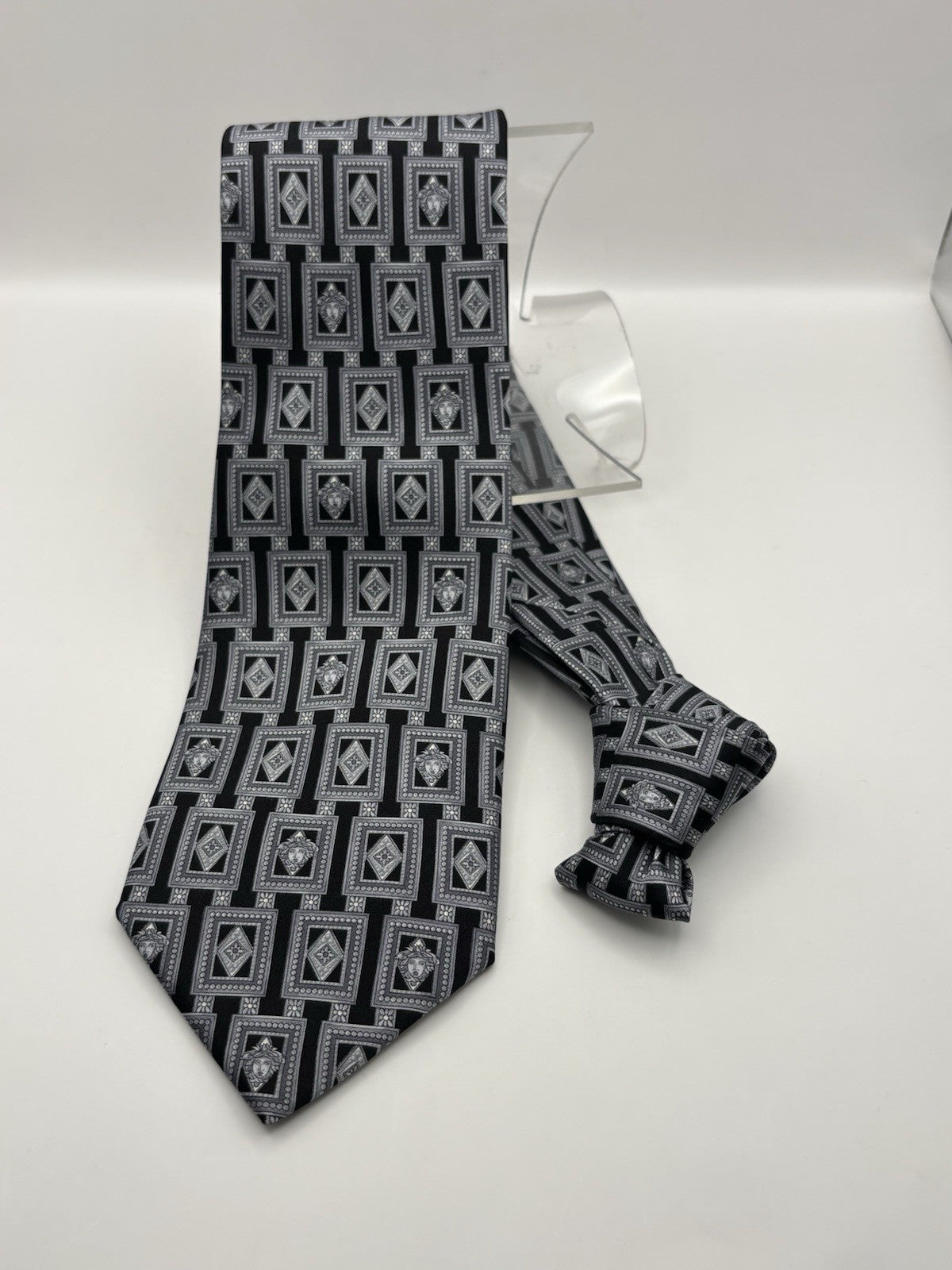 Black and Silver Geometric Pattern with A Classical Medusa Versace Silk Tie