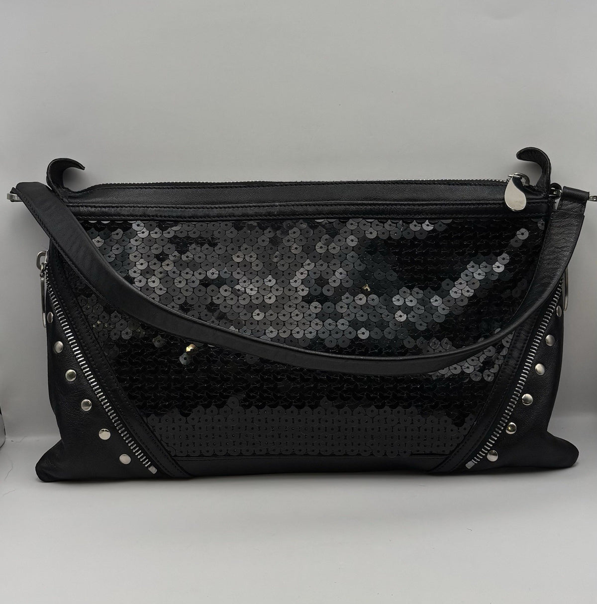 Vintage Versace Black Sequined Shoulder Bag with Leather Strap