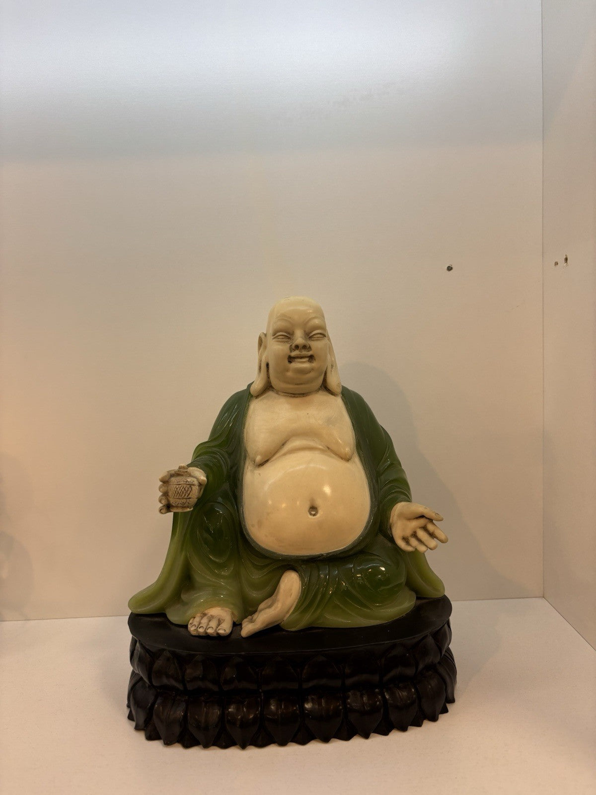Artificial Jade Powder Buddha, Green and Beige Fat Buddha, 9.5"