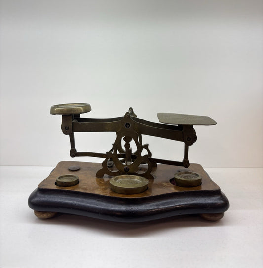 Antique Victorian English Brass & Wood Desktop Postage Scale & 3 Weights