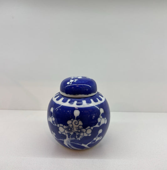 Antique Chinese Porcelain Prunus Ginger Jar Blue and White Blue 4” inches tall