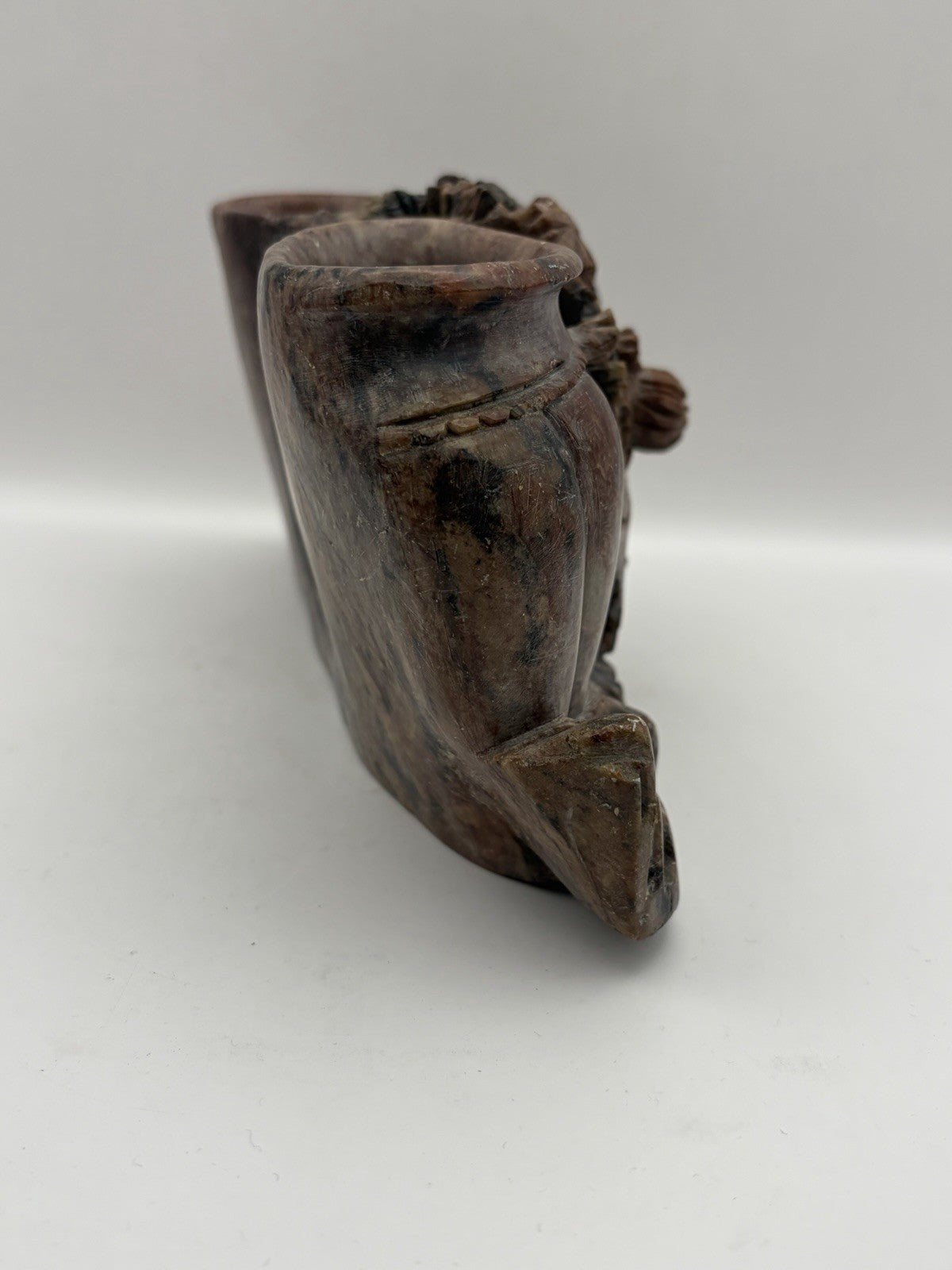 Vintage Chinese hand-carved soapstone double vessel and floral sculpture