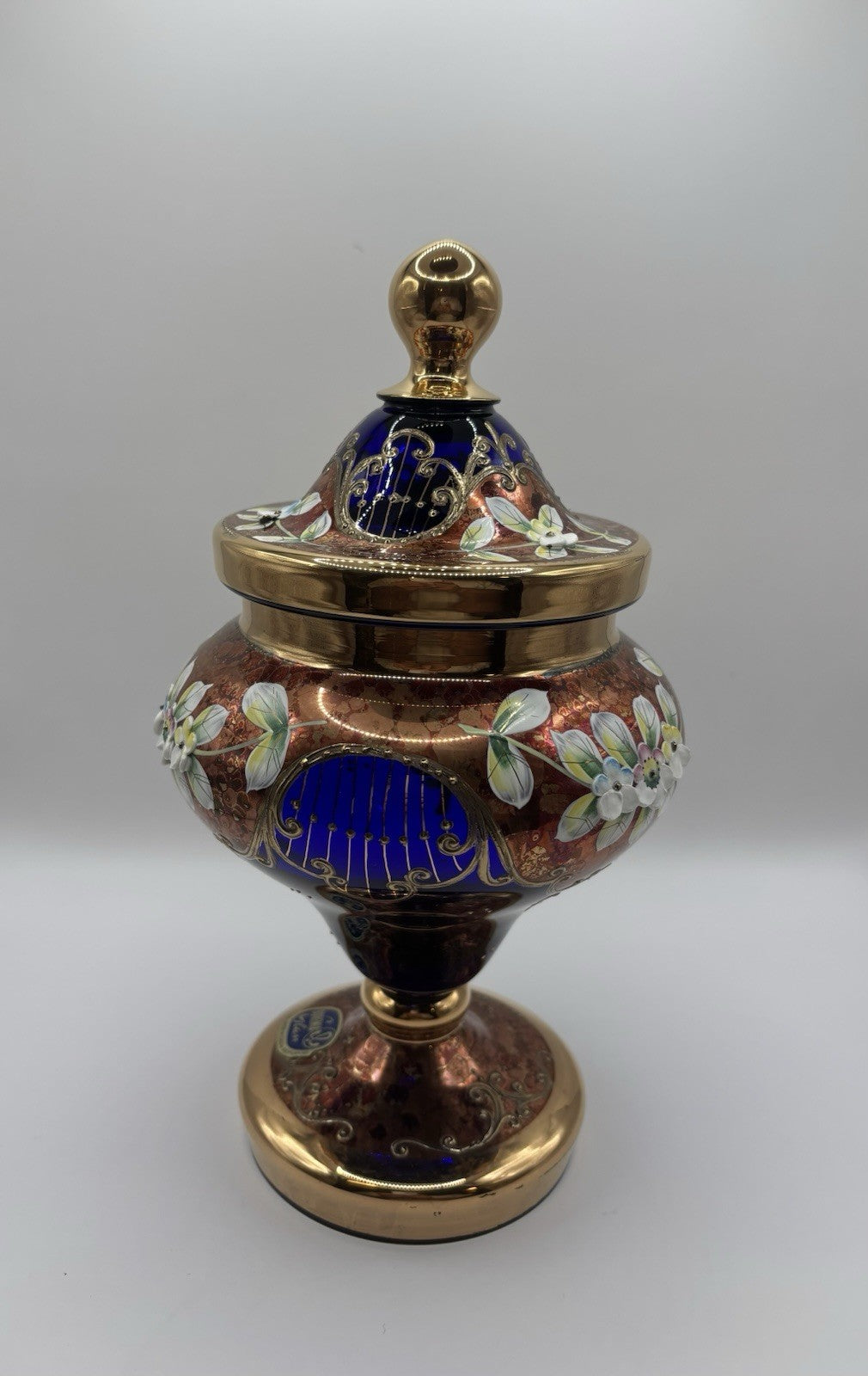 Bohemia Art Cobalt Decorative Vase with Lid Made In Czech