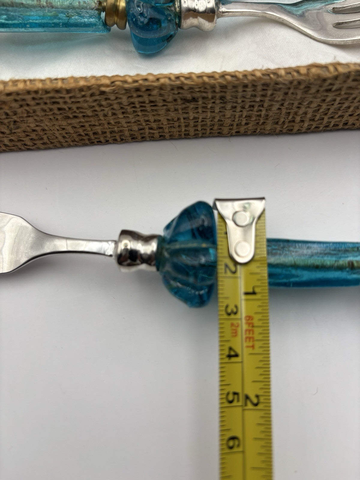 Vintage Turquoise Art Glass Beaded Salad Serving Set Fork W Box