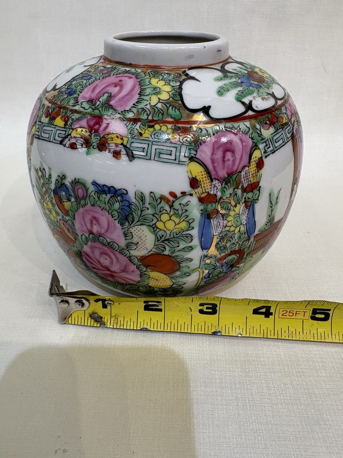 Vintage Rose Medallion Porcelain Vase: Hand-Painted Chinoiserie Canton Jar