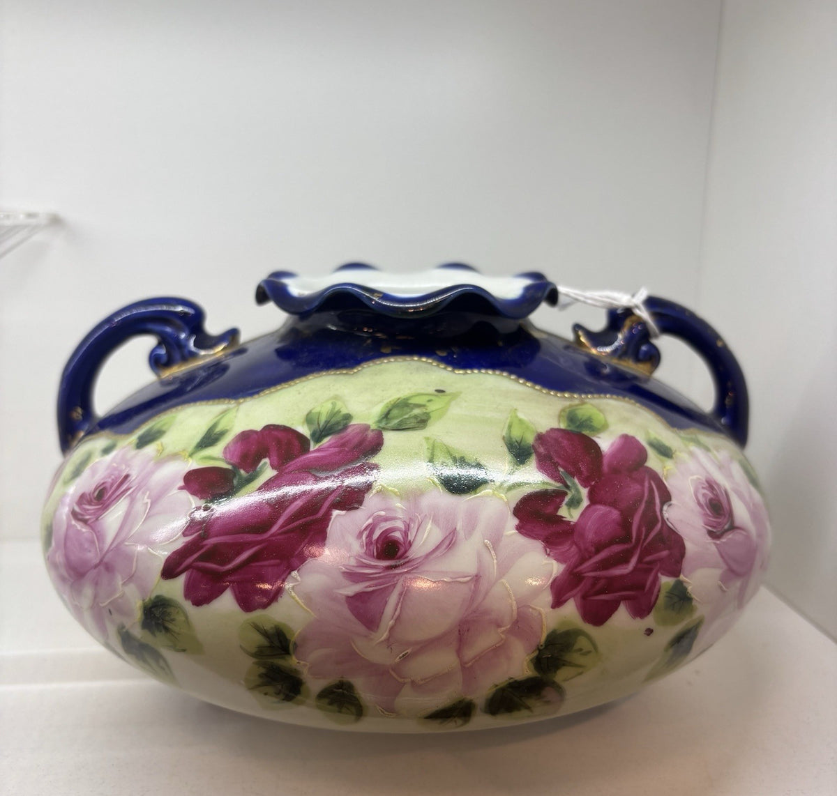 Nippon Porcelain Cobalt Center Piece Vase Hand Painted Flowers 4” Inches Tall