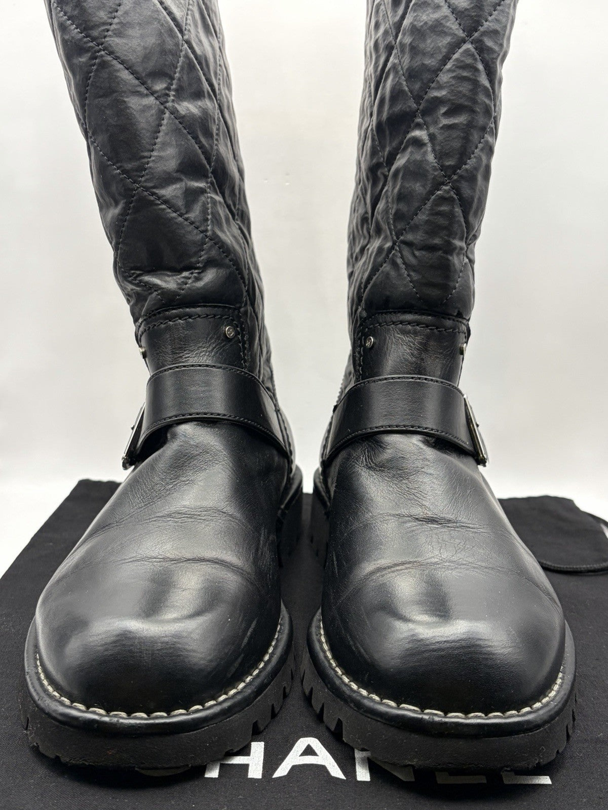 CHANEL CC Logo Quilted Black Leather Moto Biker Combat Boots Size 39