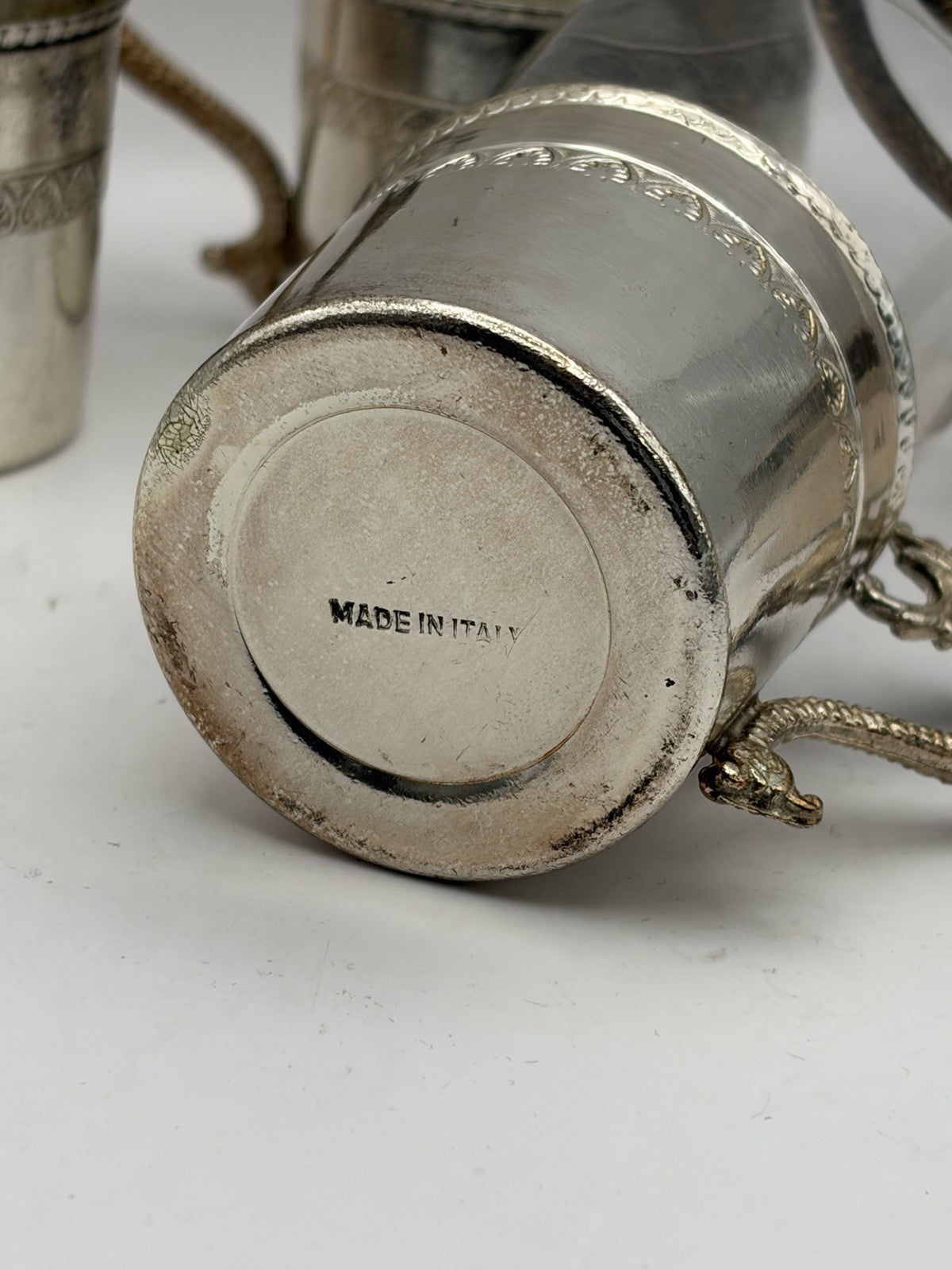 Vintage Italian shot glasses silver-plated holders with intricate dragon handles