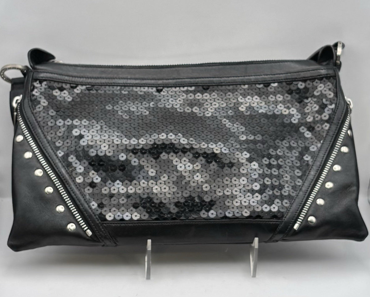 Vintage Versace Black Sequined Shoulder Bag with Leather Strap