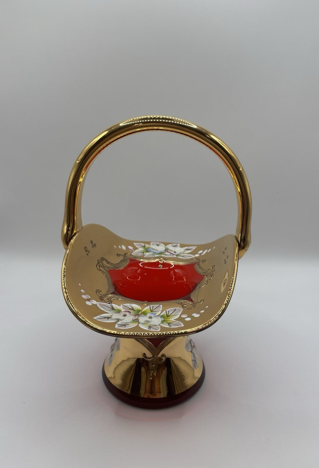 Bohemia Vintage Czech Republic Cranberry Red Glass Basket with Gold Overlay Trim