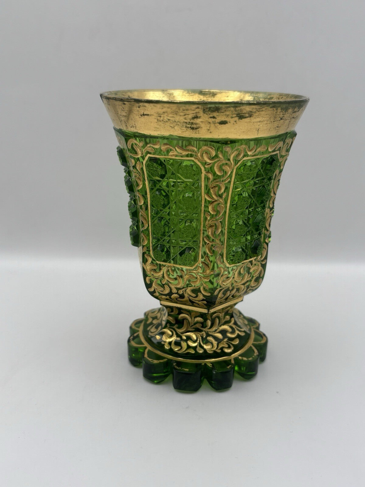Bohemian Czech glass vase featuring hand-painted gold trim and panels 5.1”