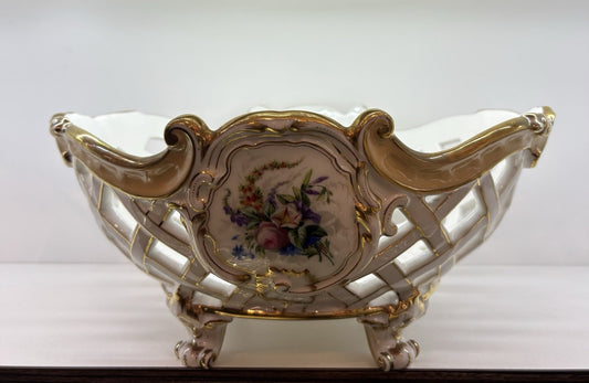 Antique White Porcelain Saucer Bowl with Gold Trim and Engraved Design.