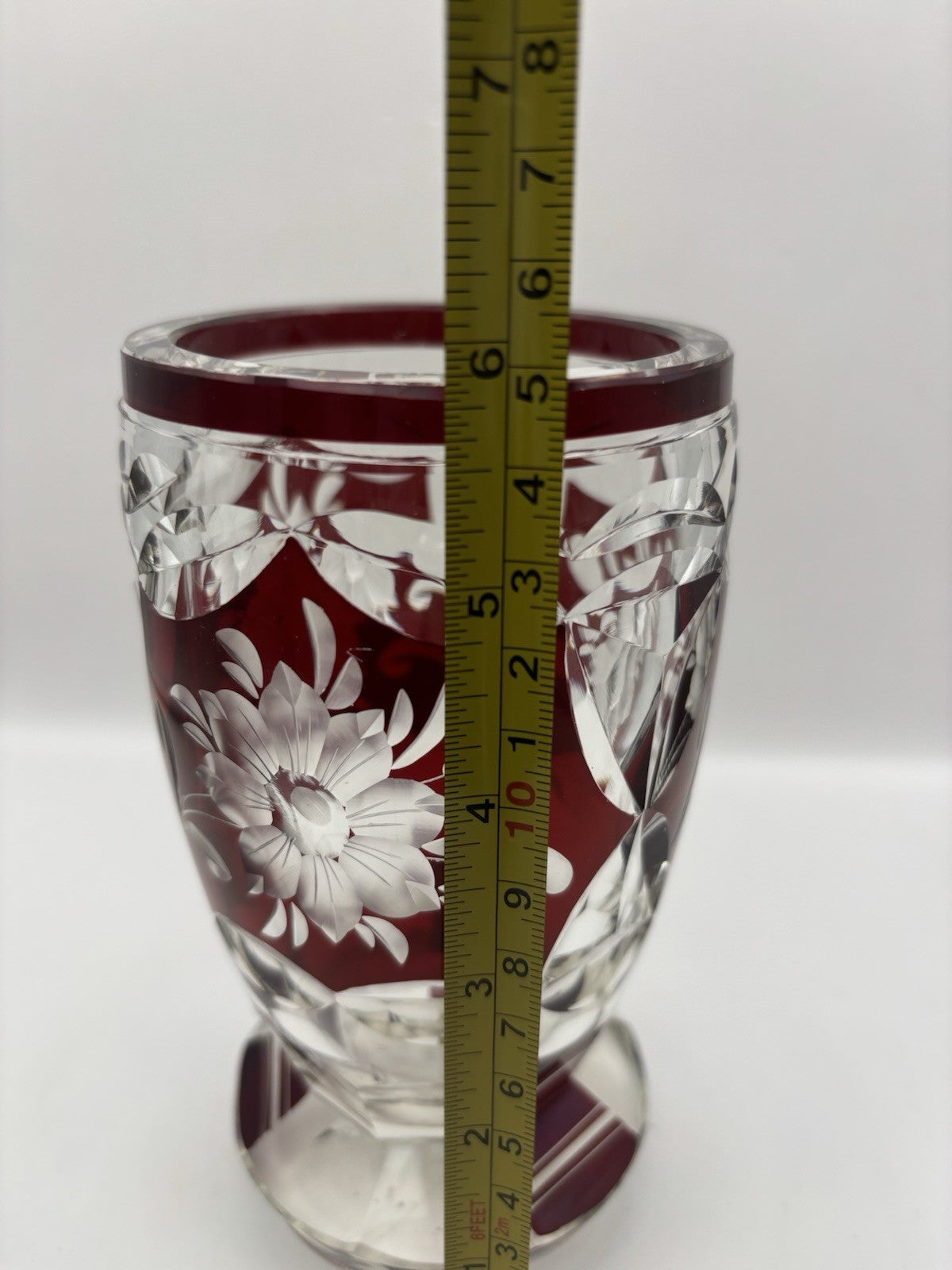 Vintage Bohemian ruby red cut-to-clear glass vase 5.8”