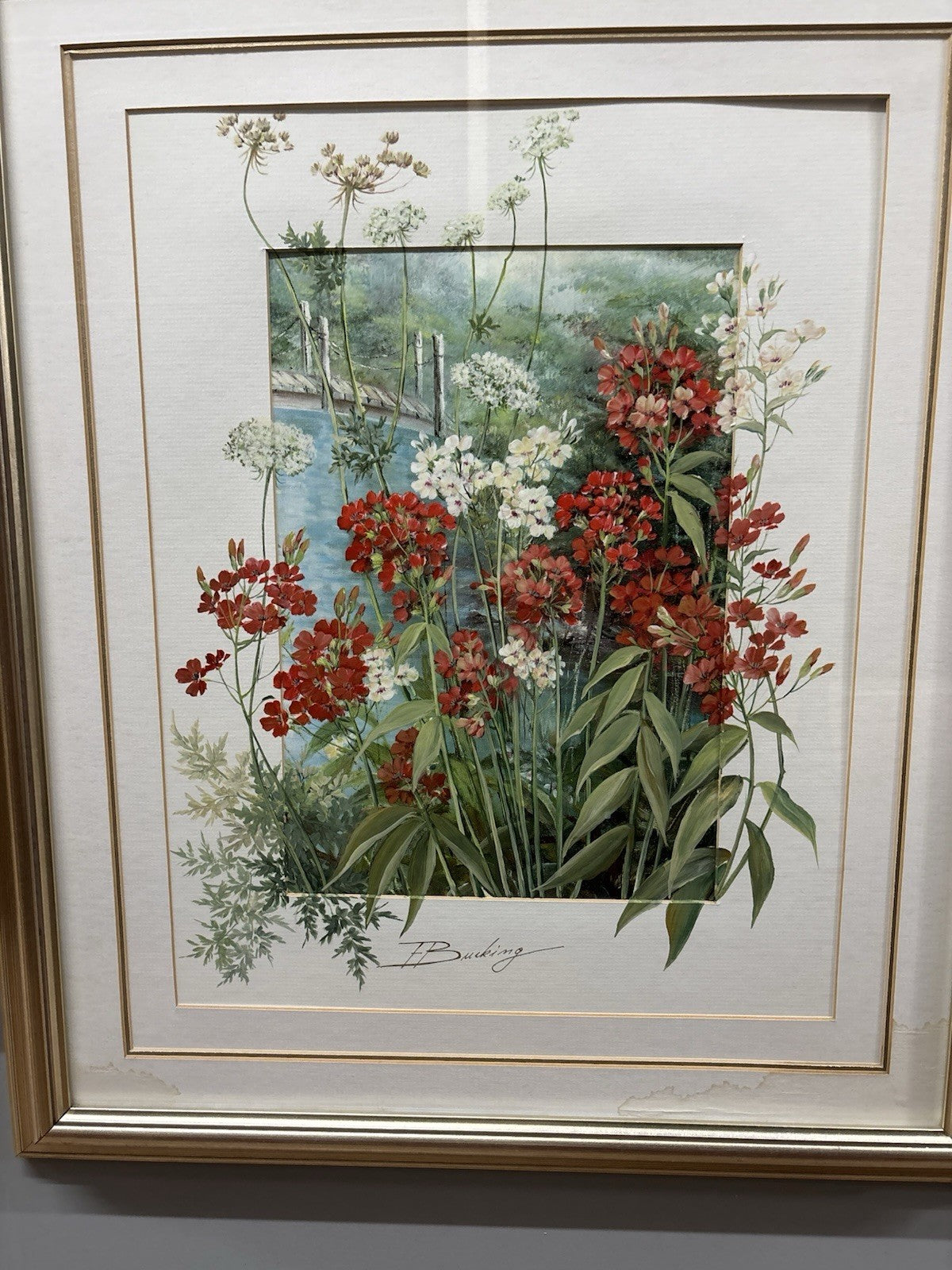 Red floral with bridge water color signed by E. Bucking oil painting framed