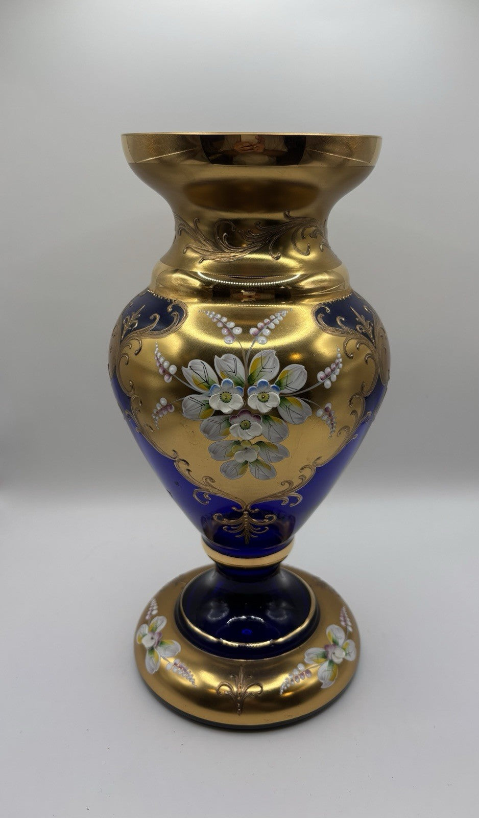 VTG Bohemia Czech 24k Gold Incrusted & Enamel Cobalt Blue Crystal Vase 10.5”