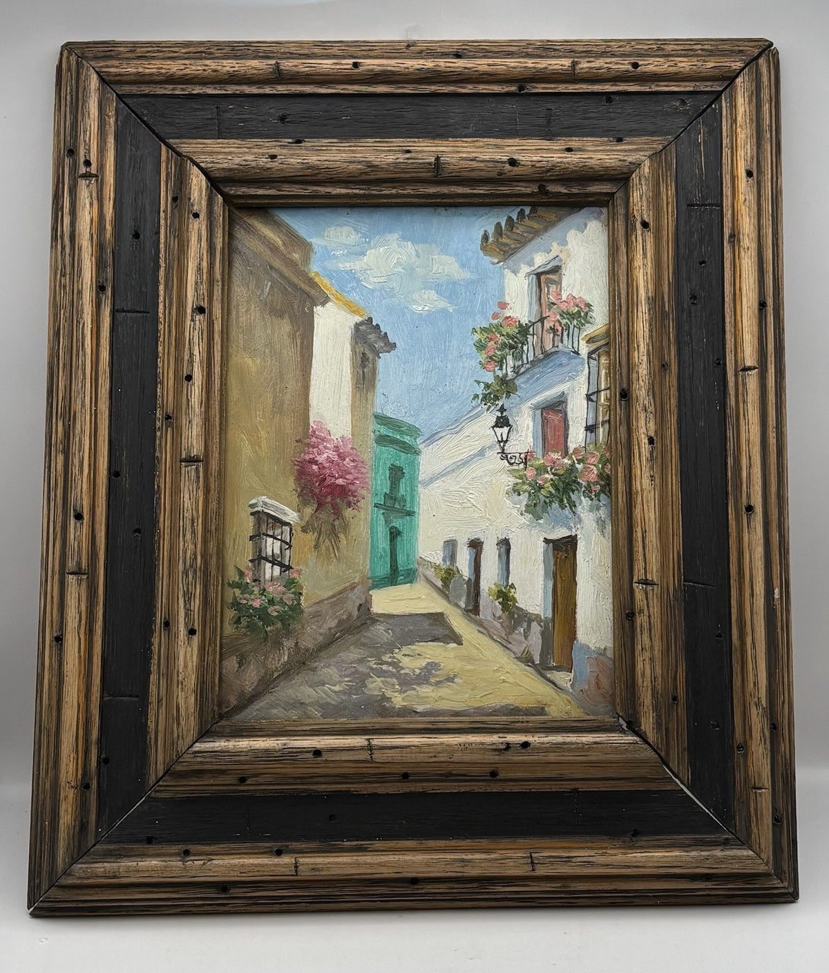 3 Small Oil Paintings On Wood Framed Mediterranean Style Street Scene