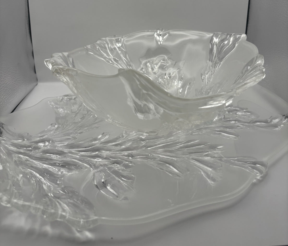 Vintage Carved Crystal Clear Mikasa Serving Bowl W Crystal Display Platter