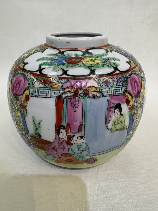 Vintage Rose Medallion Porcelain Vase: Hand-Painted Chinoiserie Canton Jar