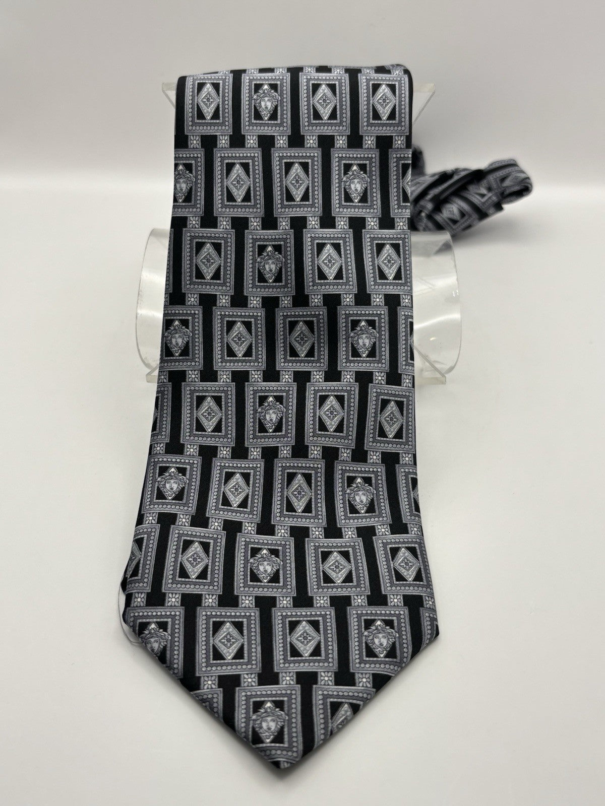 Black and Silver Geometric Pattern with A Classical Medusa Versace Silk Tie