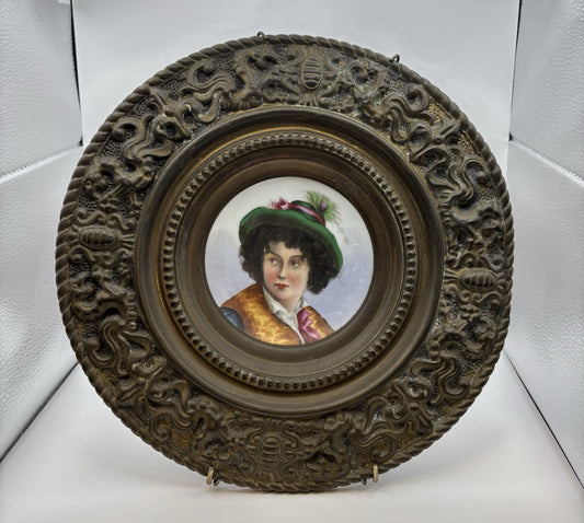 19th century portrait on porcelain, hand-painted decoration, brass France