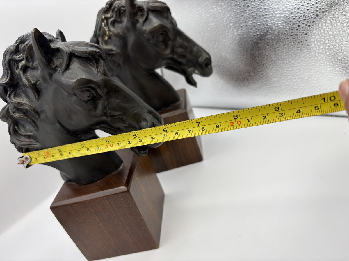 Black Horse Head Decorative Bookends Bronze W Wood Base Home Decor Gift Idea 8.3
