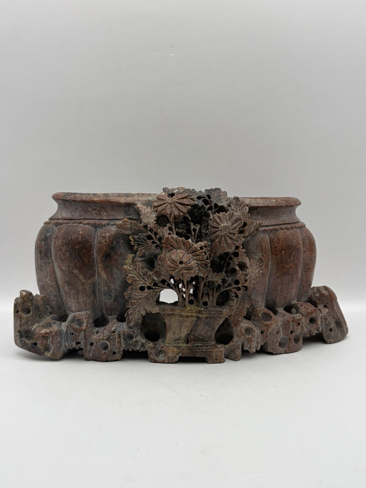 Vintage Chinese hand-carved soapstone double vessel and floral sculpture