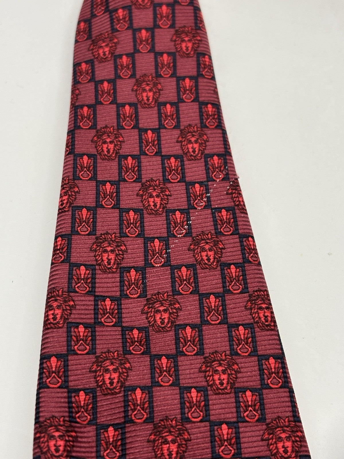 Gianni Versace silk tie red and black checkerboard pattern Medusa head logos