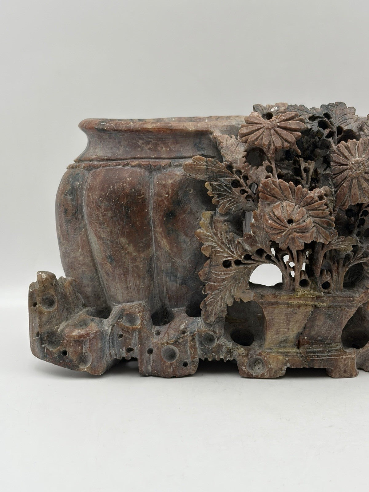 Vintage Chinese hand-carved soapstone double vessel and floral sculpture