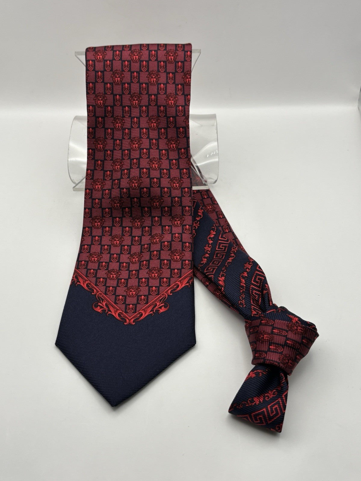 Gianni Versace silk tie red and black checkerboard pattern Medusa head logos