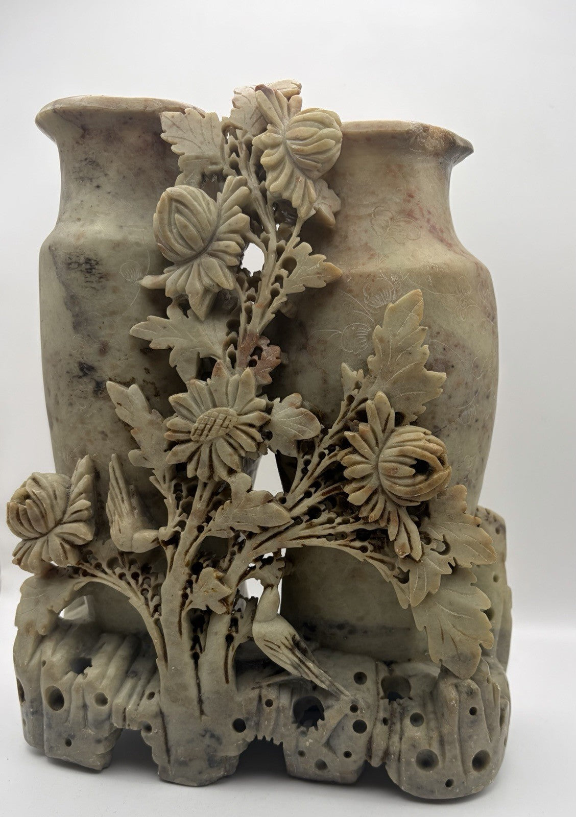 Vintage Chinese hand-carved soapstone double mantle vase