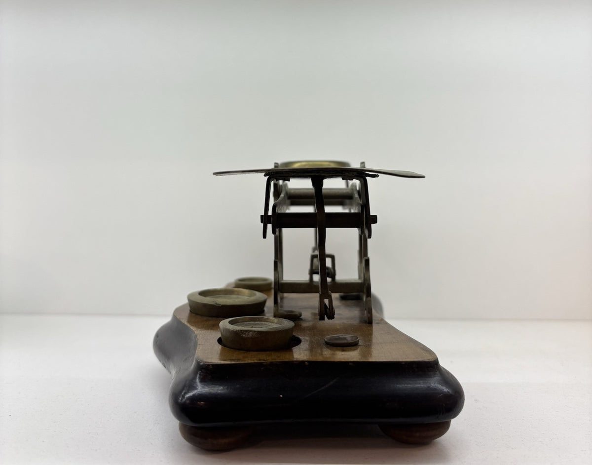 Antique Victorian English Brass & Wood Desktop Postage Scale & 3 Weights