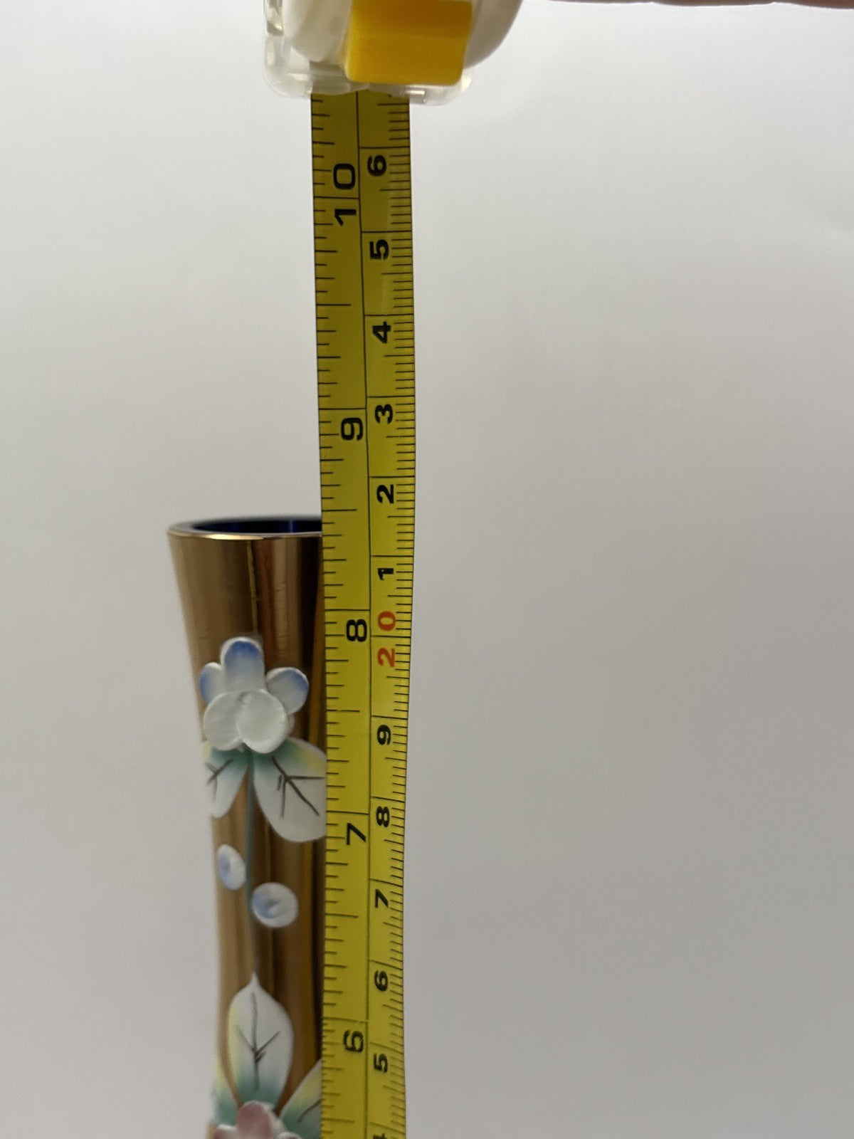Bohemia Glass Cobalt Blue Gold Encrusted & Raised Enamel Flowers Vase Czech Art
