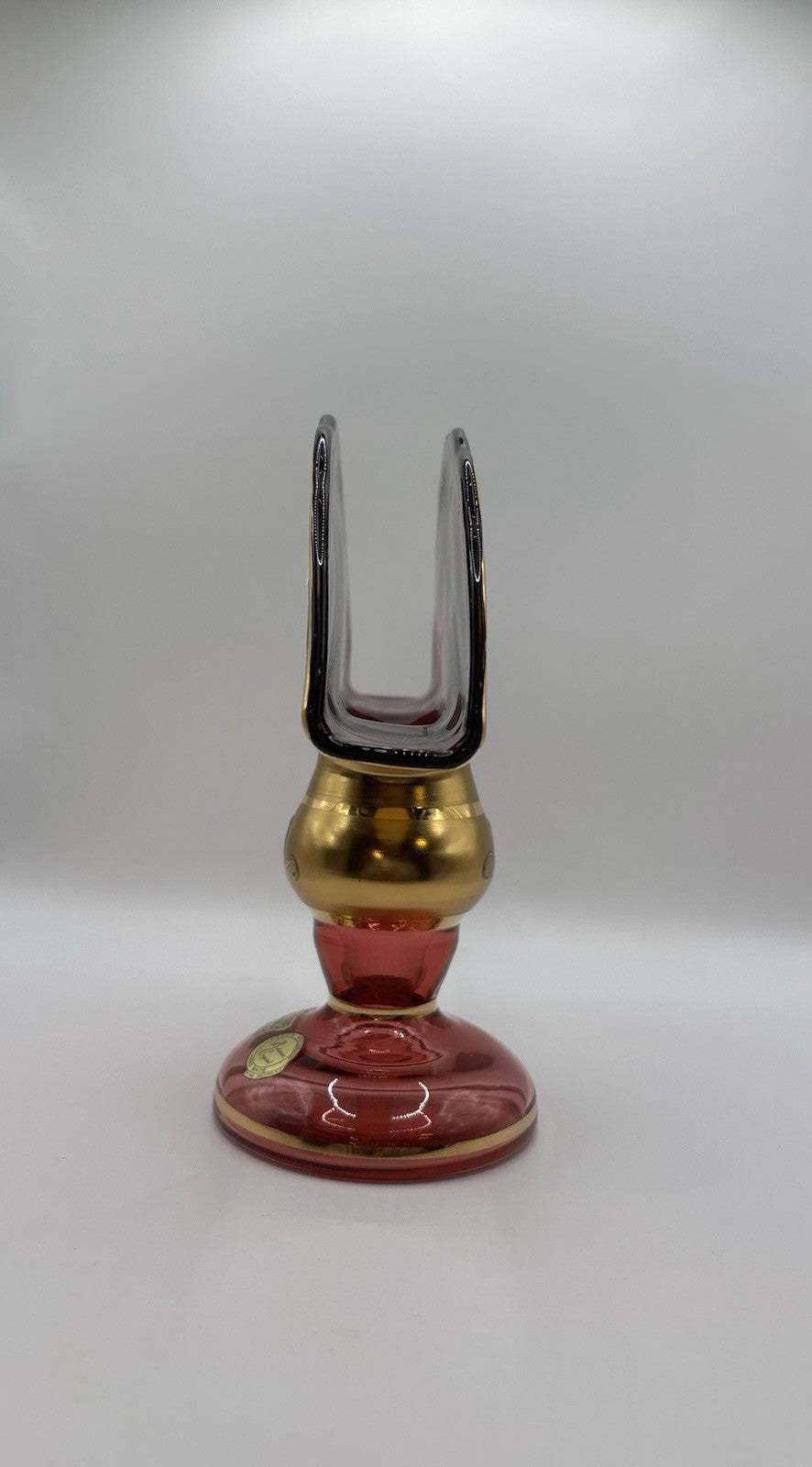 Bohemia Crystal Napkin Holder Red Glass with Gold Trim Made In Czech