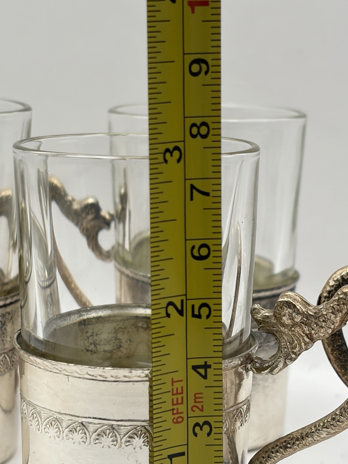 Vintage Italian shot glasses silver-plated holders with intricate dragon handles
