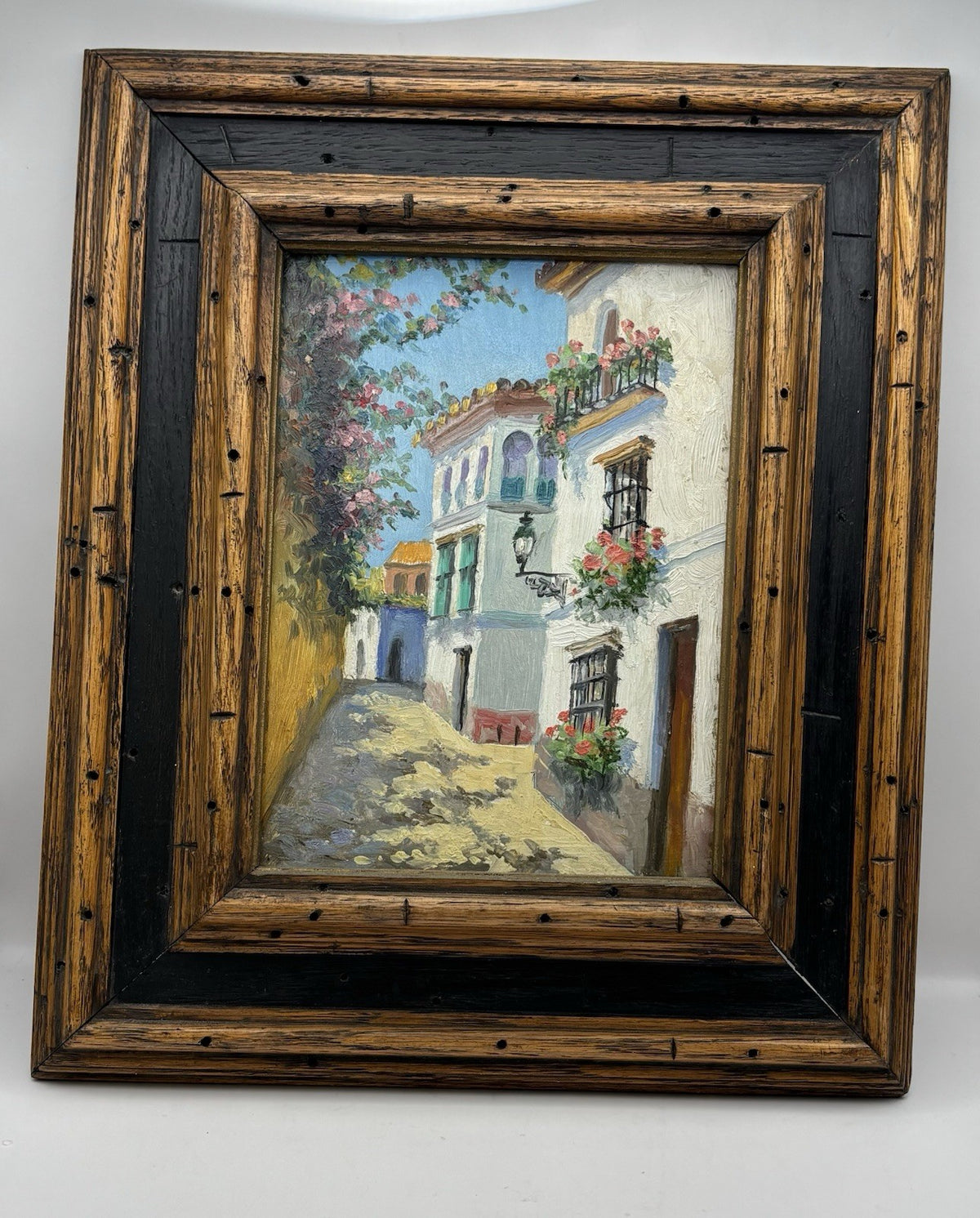 3 Small Oil Paintings On Wood Framed Mediterranean Style Street Scene