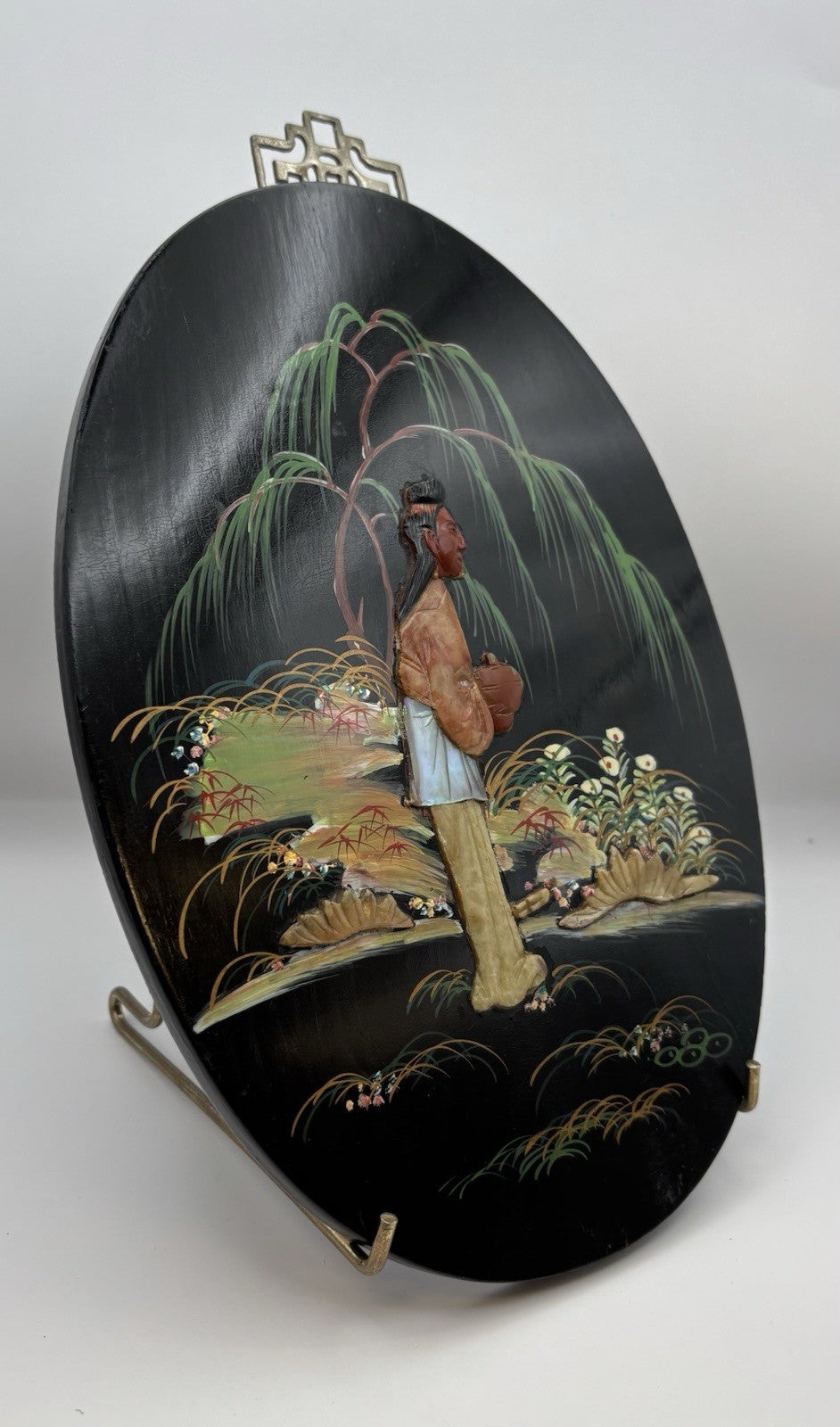 Vintage Oriental Asían Oval Wall Art Framed Hand Painted Wood