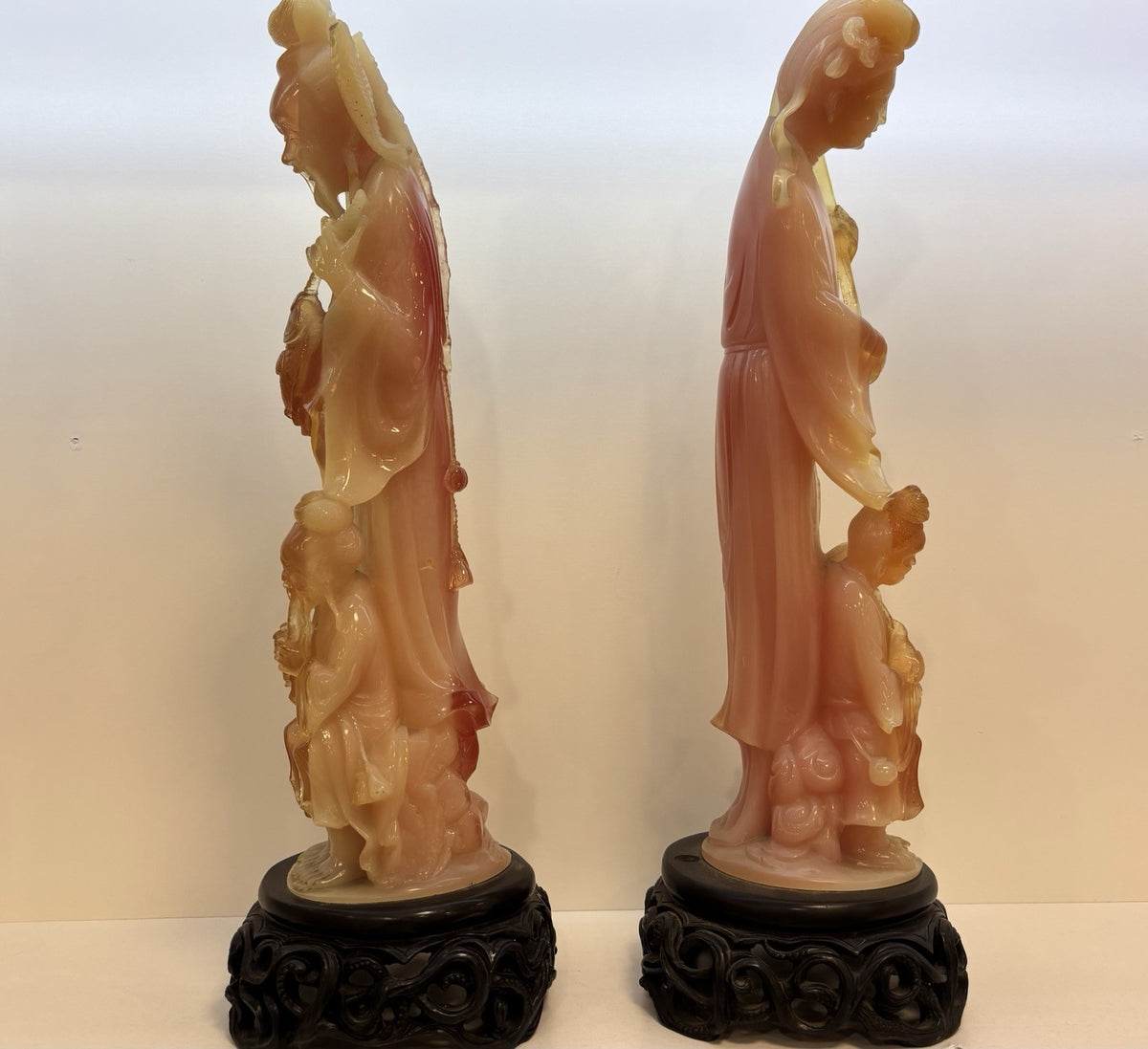 Antique Qing Dynasty Carved Chinese Statues Figurines Wood Stand 16.5”