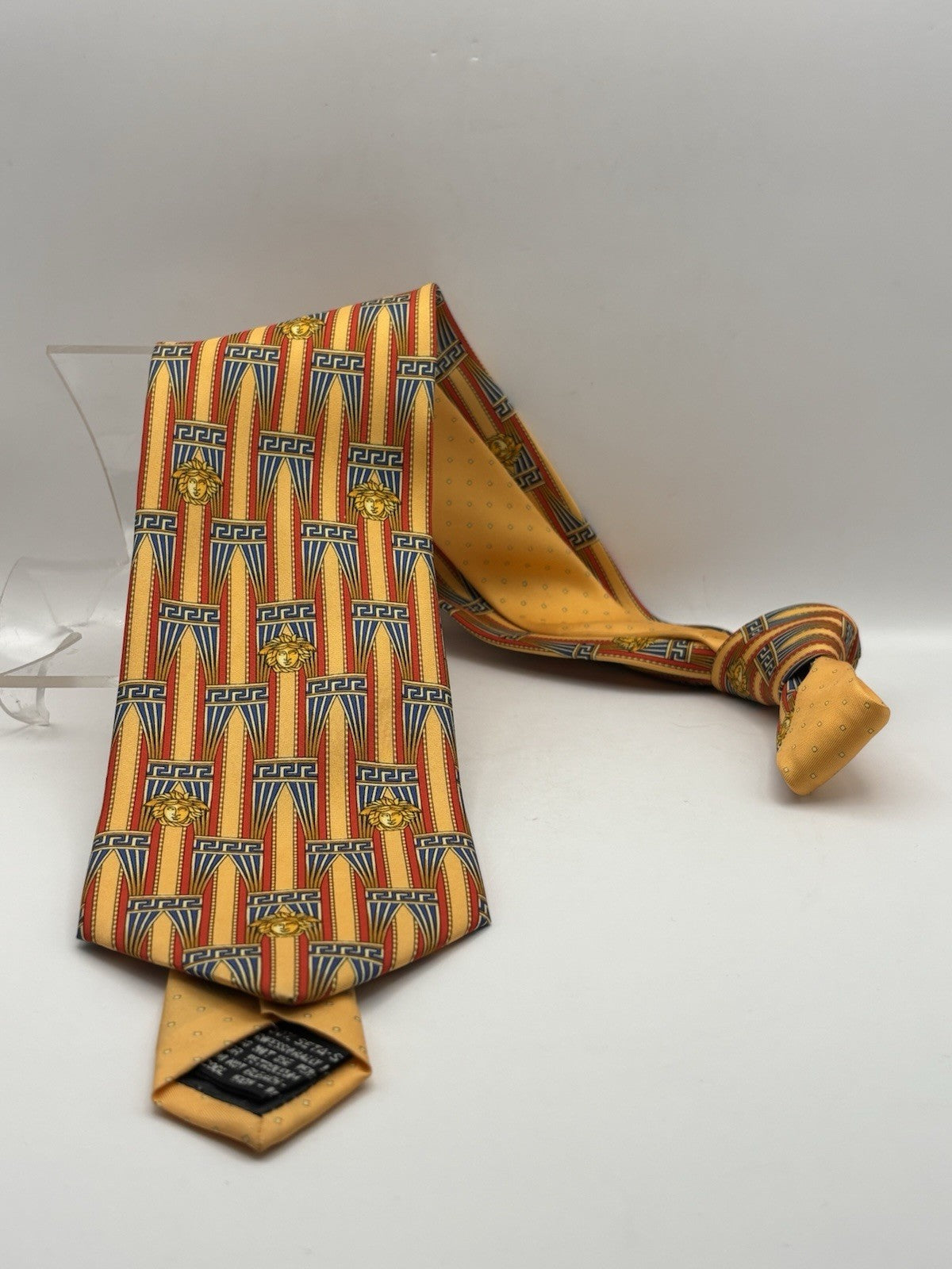 Versace silk necktie vibrant gold, Orange and blue color  Medusa head pattern