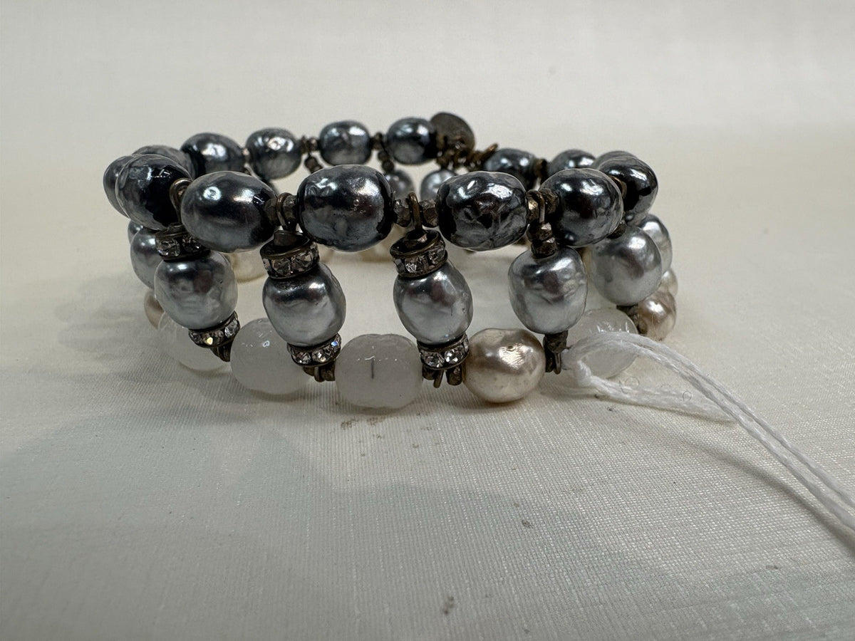 Miriam Haskell Vintage Pearl Rhinestone 3-Row Bracelet Signed Rare