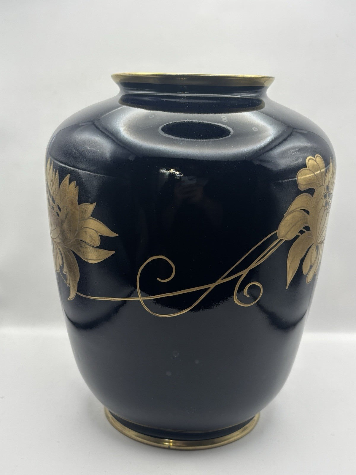 Vtg Large Porcelain Pottery Vase Deep Cobalt Blue w/Gold Flowers Signed