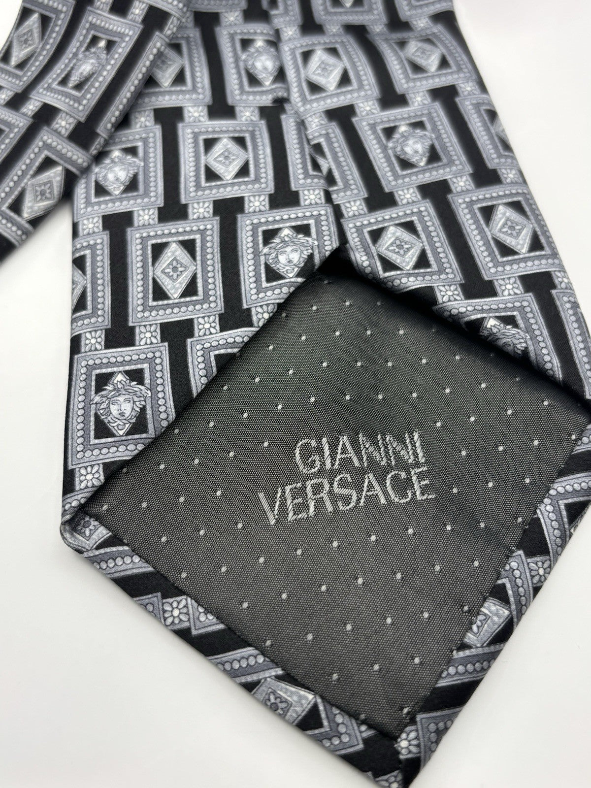 Black and Silver Geometric Pattern with A Classical Medusa Versace Silk Tie