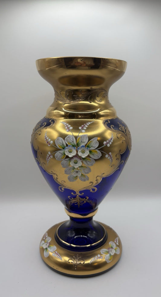 VTG Bohemia Czech 24k Gold Incrusted & Enamel Cobalt Blue Crystal Vase 10.5”