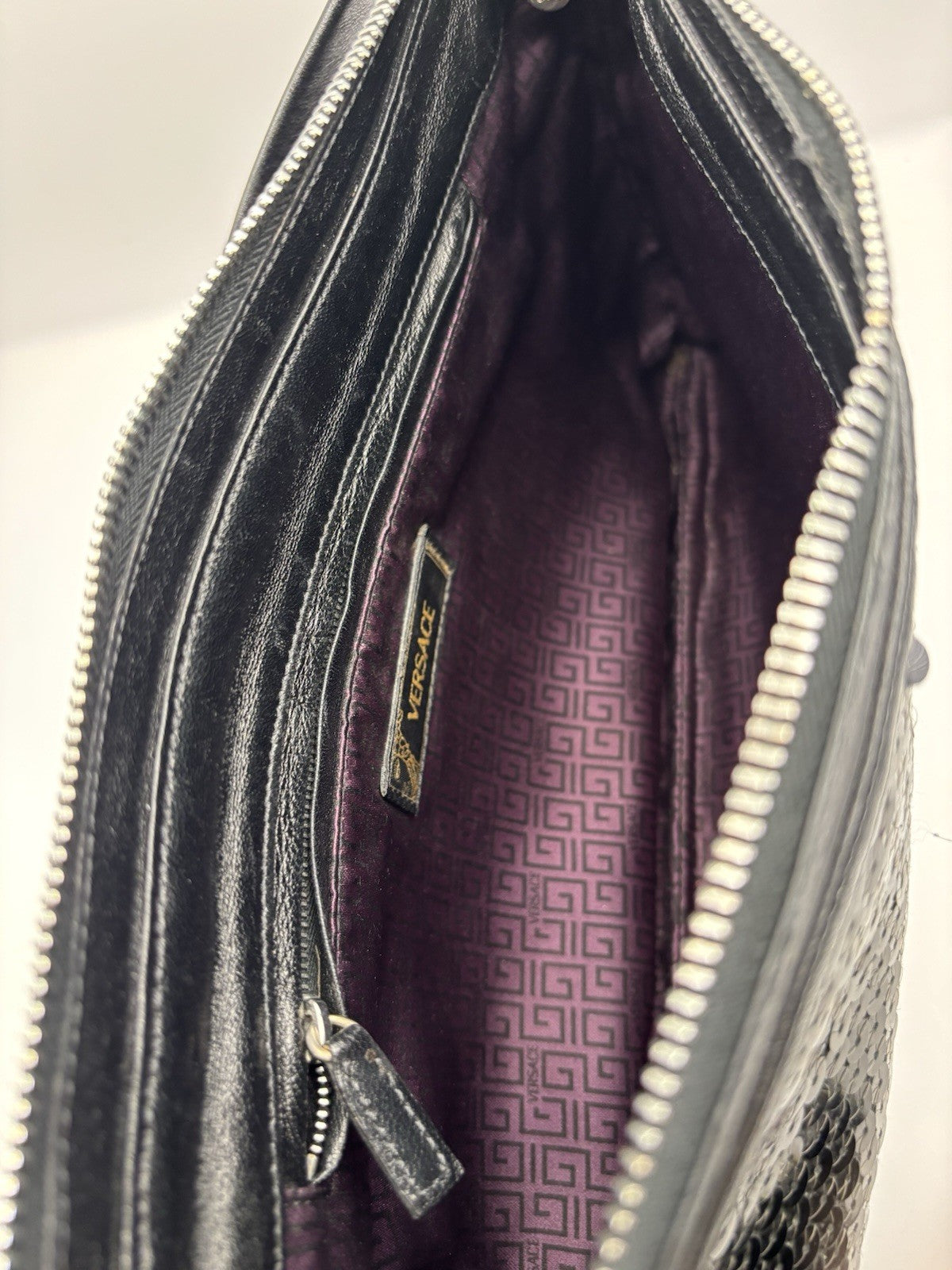 Vintage Versace Black Sequined Shoulder Bag with Leather Strap