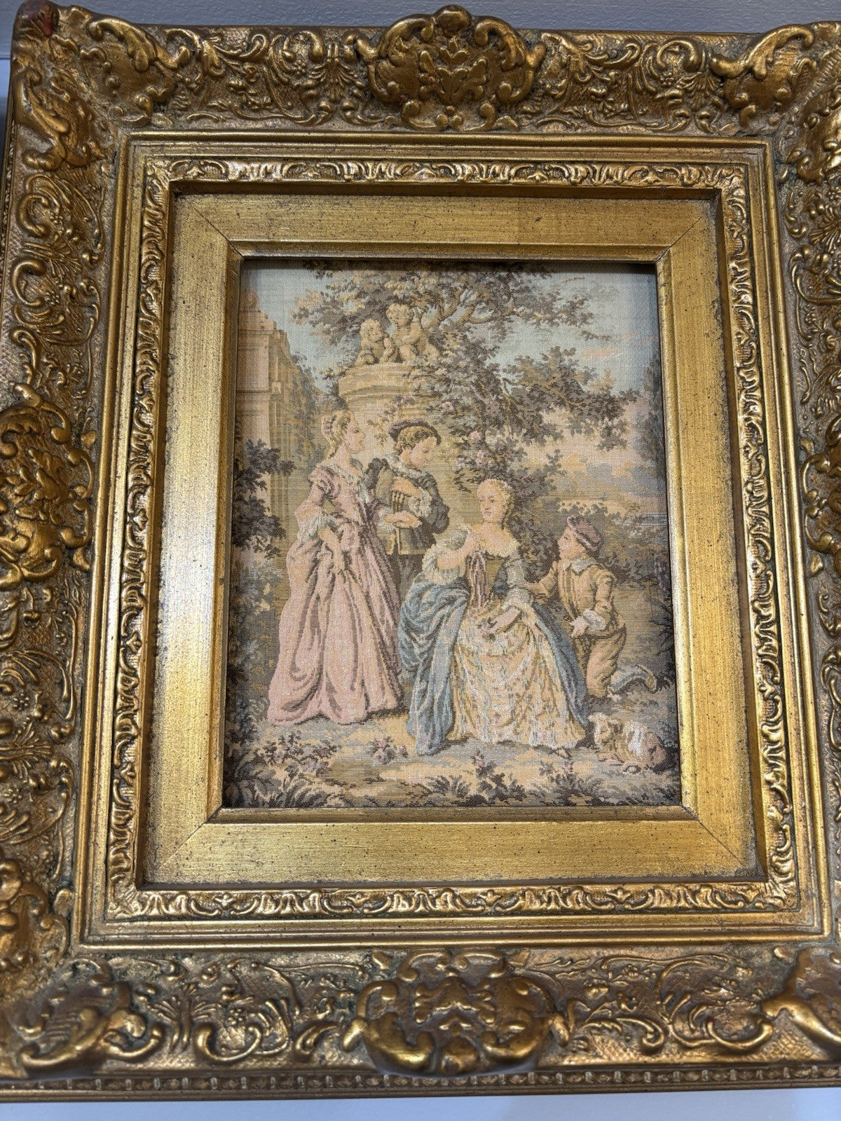 Vintage Victorian Scene Needlepoint Framed Wall Hanging Art