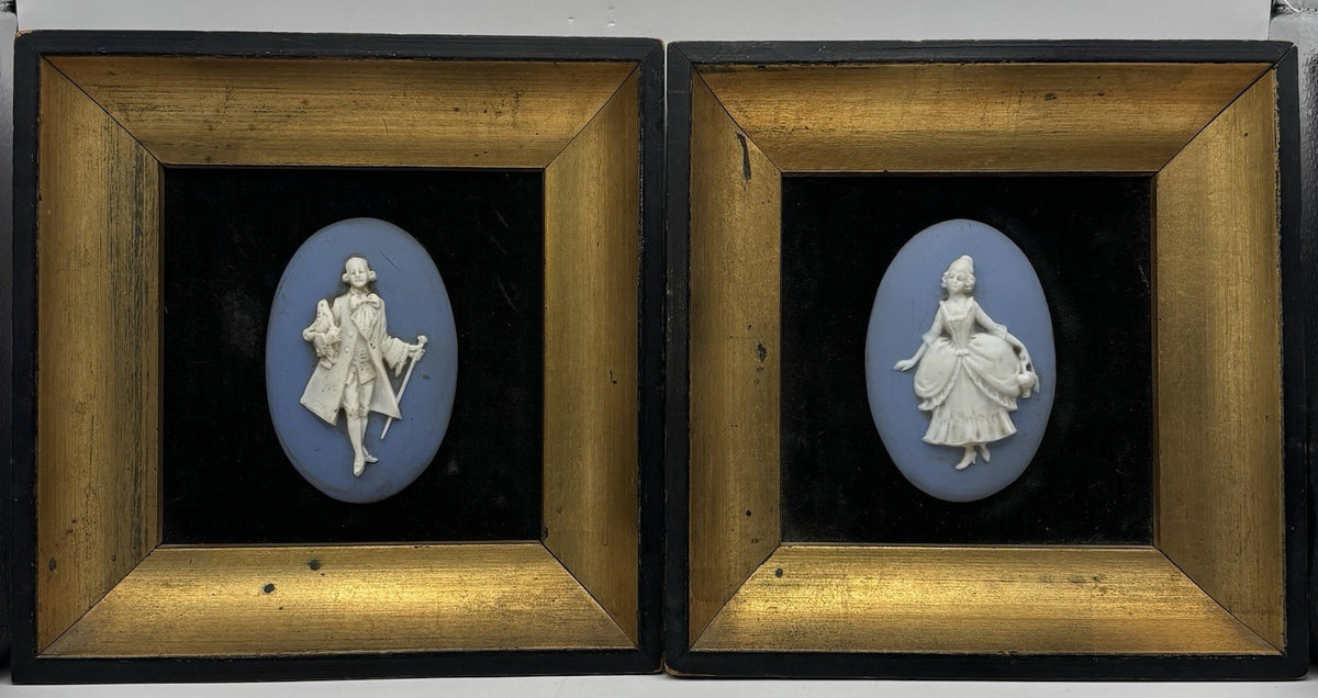 Wedgwood Jasperware framed plaques Neoclassical figurine white N blue Antique.