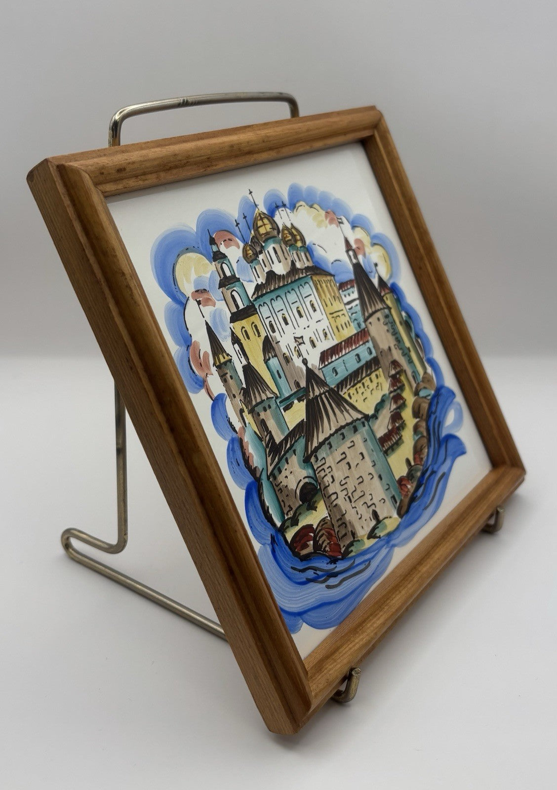 Russian Vintage Hand-Painted Metal Hanging Tile Art Framed 6.5”