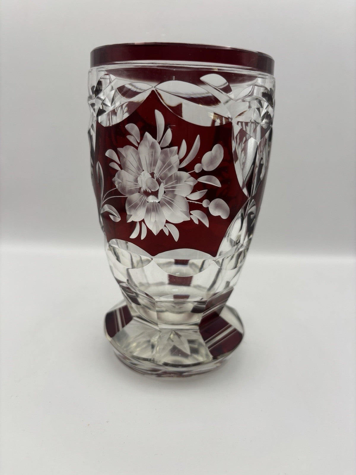 Vintage Bohemian ruby red cut-to-clear glass vase 5.8”