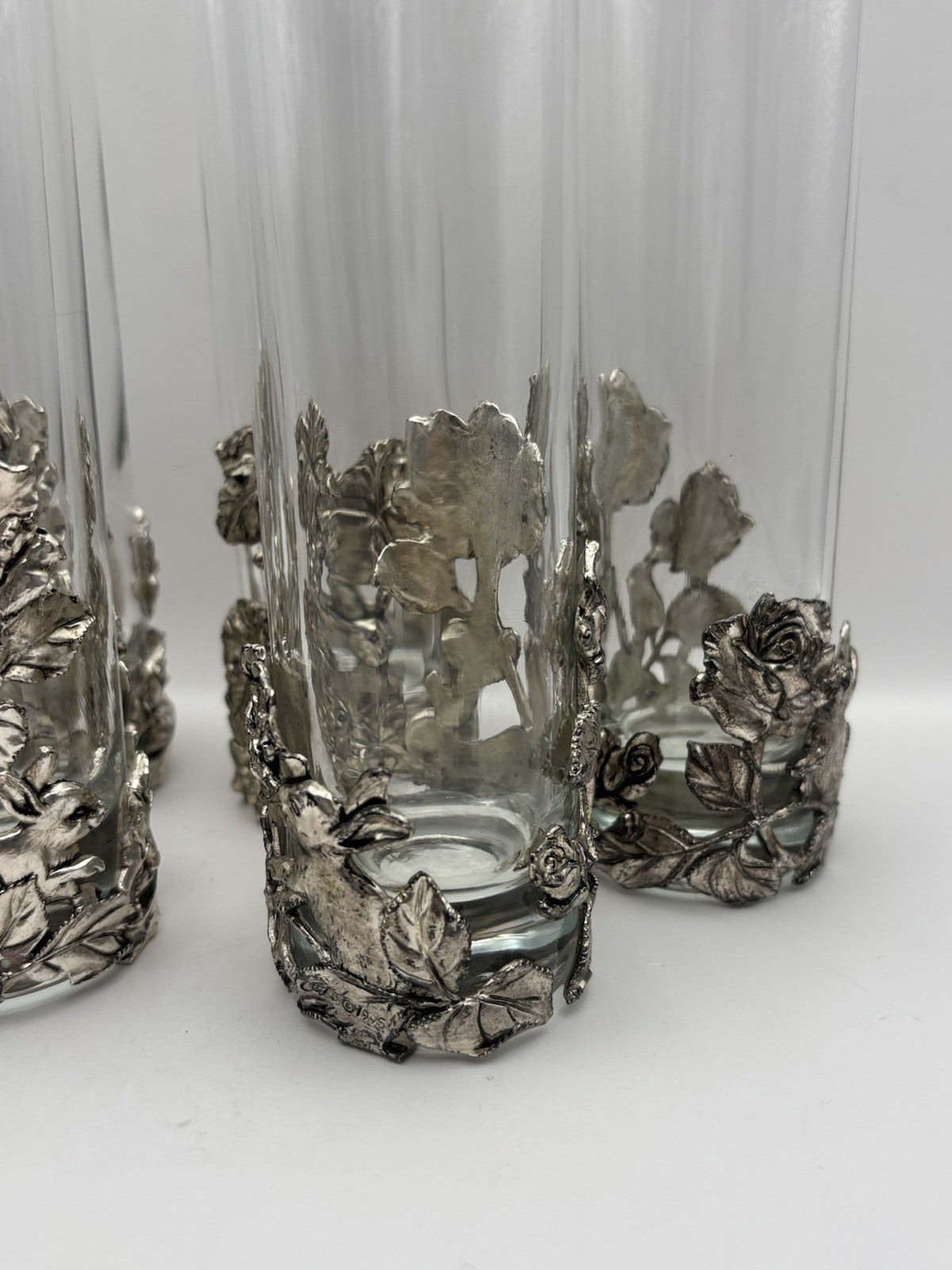 Arthur Court vintage bud vases silver plate rabbit and floral designs on glass.